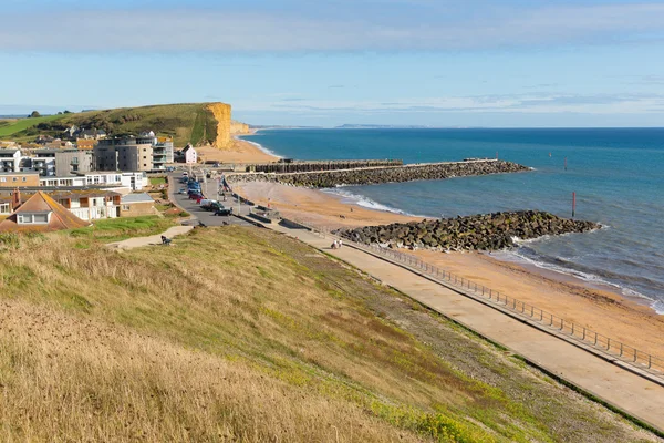 West Bay Dorset uk Jurassic coast on a beautiful summer day with blue sky and sea — Stock Photo, Image