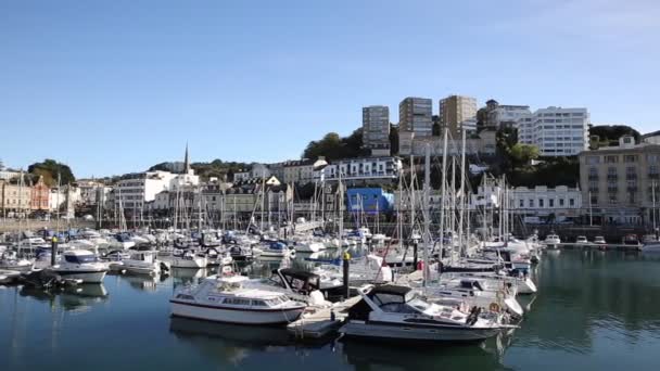 Torquay Devon harbour with boats and yachts pan — Stock Video