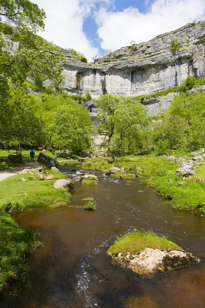 Malham Cove con il torrente in fondo alle rocce Yorkshire Dales National Park Regno Unito — Foto Stock