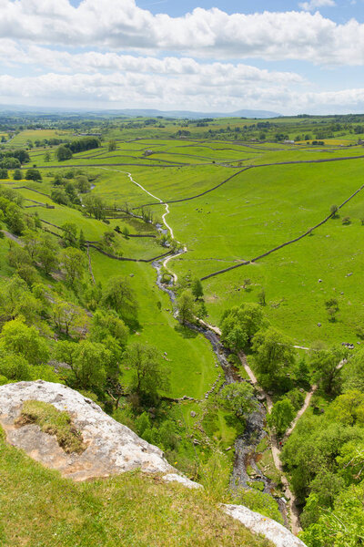 Malham Cove view from the top Yorkshire Dales National Park UK