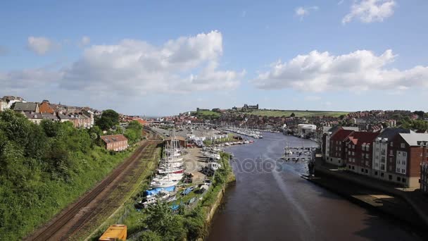 Whitby Yorkshire del Norte Inglaterra ciudad costera del Reino Unido y destino turístico en verano con vistas al río Esk a la Abadía y la costa — Vídeo de stock