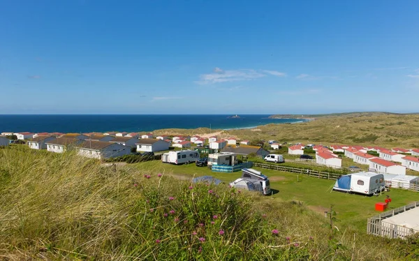 St Ives Bay Cornwall with static caravans and camping in summer with beautiful blue sky — Stock Photo, Image