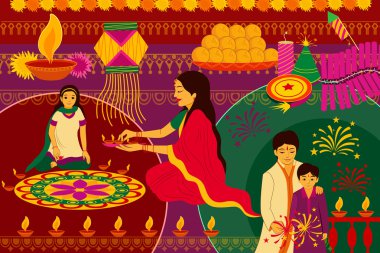 Hint aile mutlu Diwali Festivali arka plan kitsch sanat Hindistan kutluyor