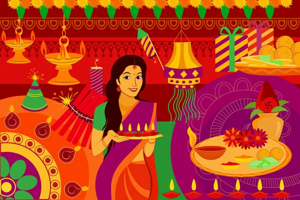 Indische Dame mit diya happy diwali festival hintergrund kitsch art indien — Stockvektor