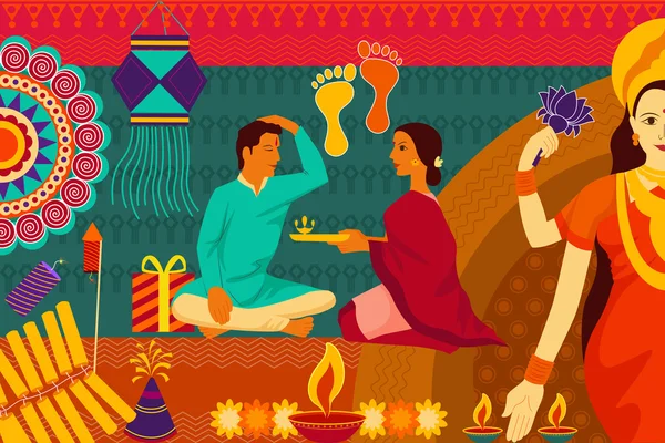 Indická rodina slaví bhaj Dooj během veselé Diwali festival pozadí kýčovitého umění Indie — Stockový vektor