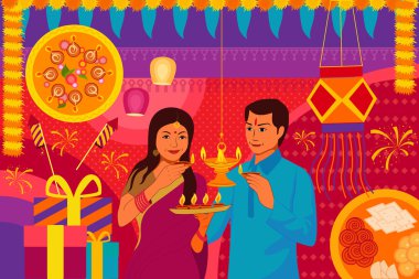 Kitsch sanat Hindistan Hint çift diya mutlu Diwali Festivali ile arka plan