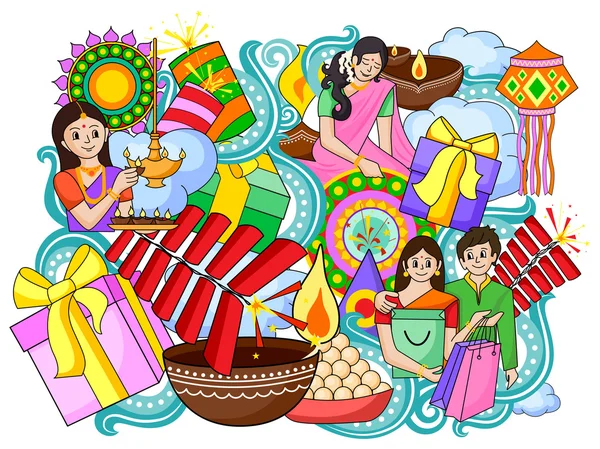 Inde festival de lumières Happy Diwali fond doddle — Image vectorielle