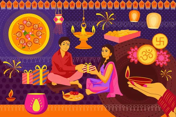 Famille indienne célébrant Bhai Dooj pendant Happy Diwali festival fond kitsch art Inde — Image vectorielle