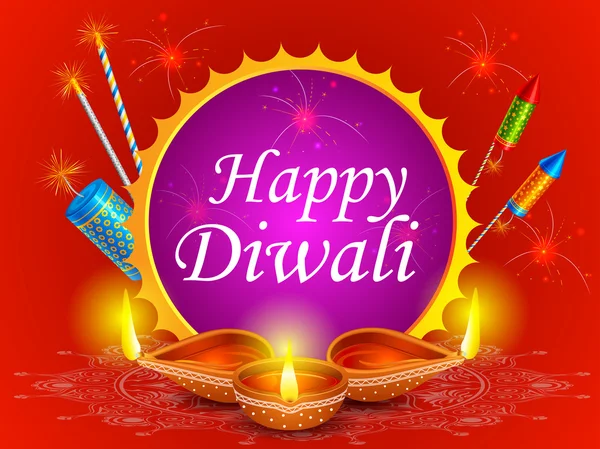 Fire cracker s zdobené diya pro šťastný Diwali dovolená Indie — Stockový vektor