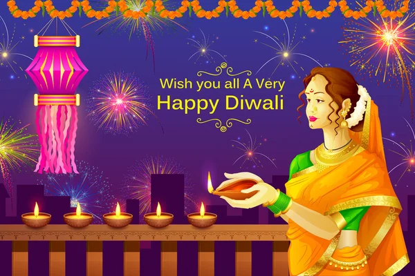 Indische Dame mit Diya für einen fröhlichen Diwali-Urlaub in Indien — Stockvektor