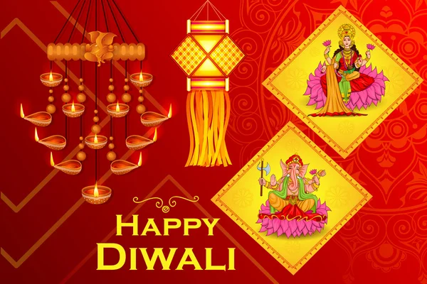 Bogini Lakszmi i Pana Ganesha w Happy Diwali święto w Indiach — Wektor stockowy