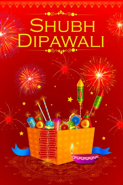Brand cracker met ingerichte diya voor Gelukkige Diwali vakantie van India — Stockvector