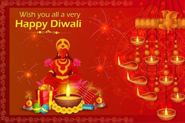 Godin lakshmi zittend op lotus voor Gelukkige Diwali vakantie van India — Stockvector