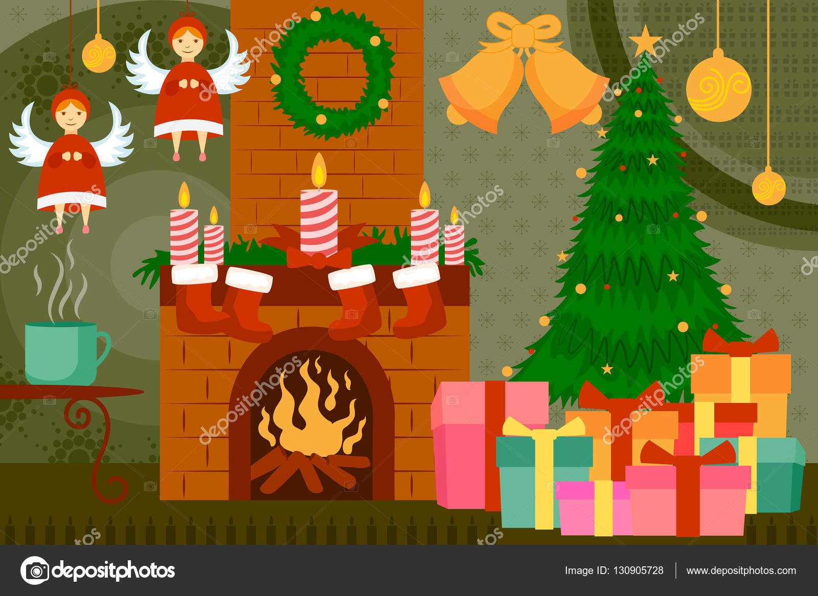 Chimenea decorada para Navidad noche Imagen Vectorial de © stockshoppe