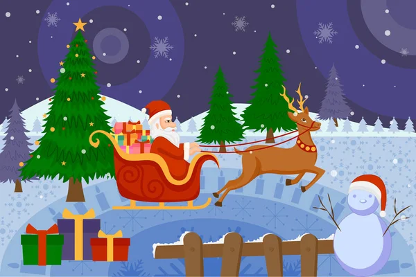 Santa Claus riding sleigh pulled by reindeer in Merry Christmas — Stock Vector