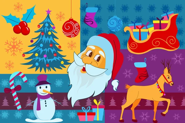 Papai Noel com trenó e boneco de neve em Feliz Natal — Vetor de Stock