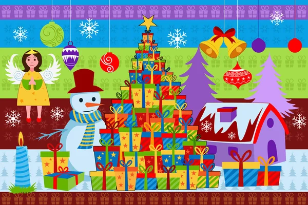 Boneco de neve com presente de Natal colorido —  Vetores de Stock
