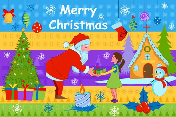Weihnachtsmann schenkt Mädchen ein Weihnachtsgeschenk — Stockvektor