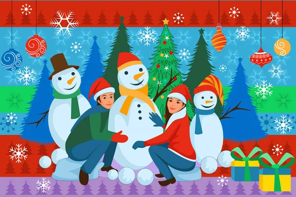 People making Snowman for Merry Christmas — Stock Vector