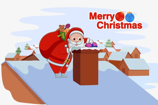 Papai Noel entrando pela chaminé da lareira no Natal — Vetor de Stock