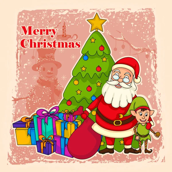 Santa Claus con elfo para feliz Navidad celebración de fondo — Archivo Imágenes Vectoriales