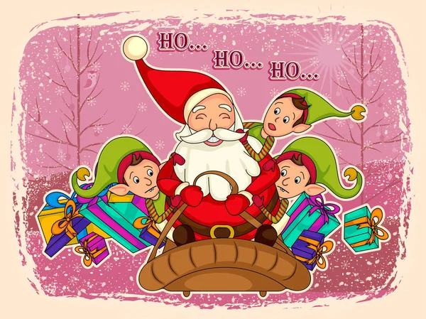 Santa Claus con elfo para feliz Navidad celebración de fondo — Vector de stock