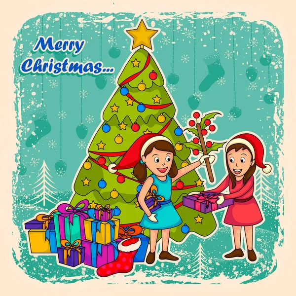 Kids with gift for Merry Christmas holiday celebration background — Stock Vector