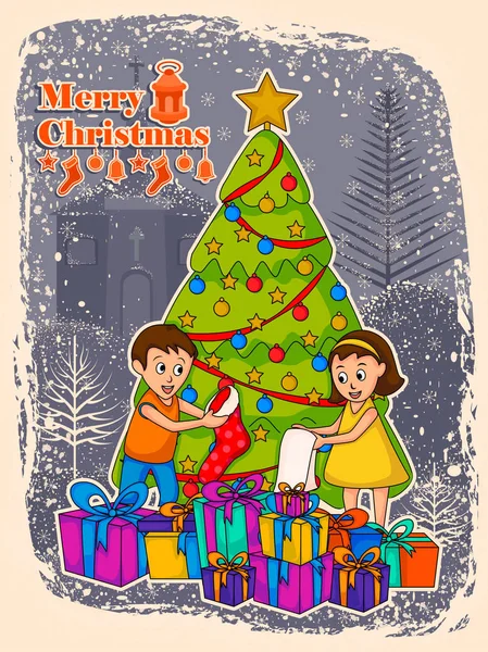 Kids with gift for Merry Christmas holiday celebration background — Stock Vector