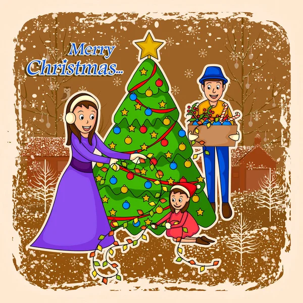 Family decorating tree for Merry Christmas — Stock Vector