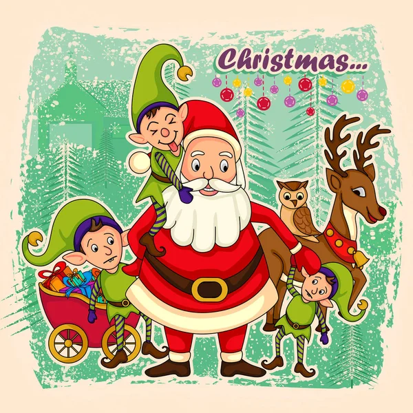 Tomte med rådjur och Elf för god jul — Stock vektor