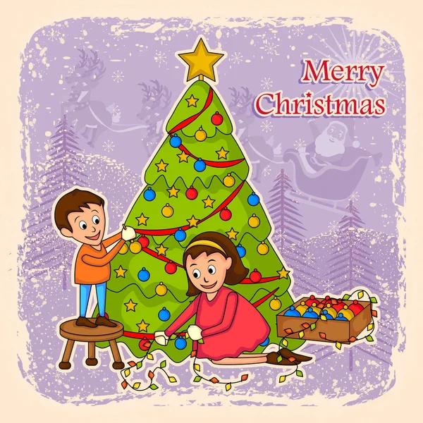 Bambini che decorano l'albero per Buon Natale — Vettoriale Stock