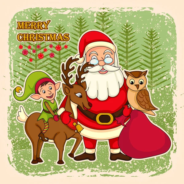 Weihnachtsmann mit Hirsch und Elfe für frohe Weihnachten — Stockvektor