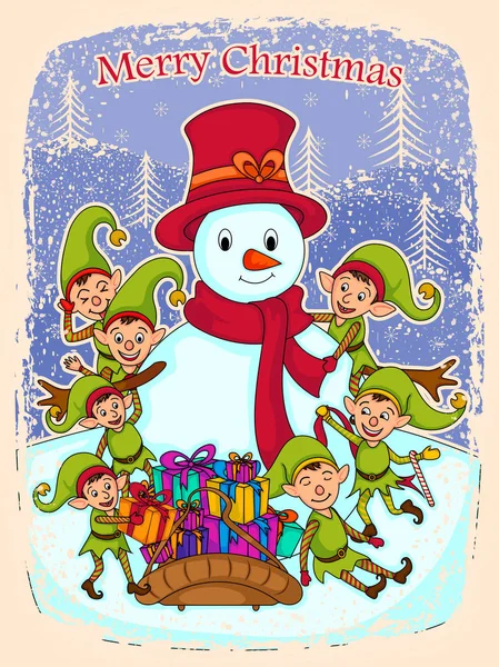 Elf with Snowman and gift for Merry Christmas — Stock Vector