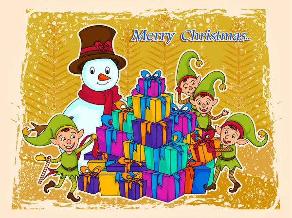 Elf med snögubbe och gåva för god jul — Stock vektor