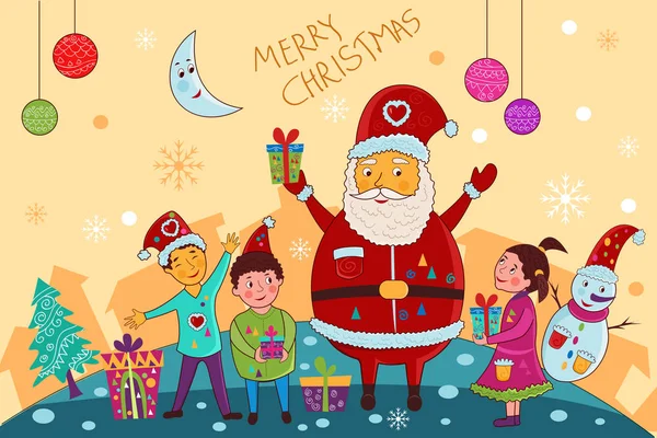 Santa dar regalo a los niños para Feliz Navidad celebración de fondo — Archivo Imágenes Vectoriales
