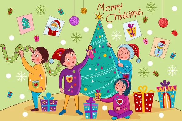 孩子们的圣诞装饰树节日庆典背景 — 图库矢量图片