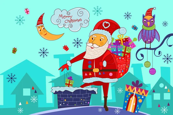 Papai Noel colocando presente através da chaminé lareira para Feliz Natal feriado celebração fundo — Vetor de Stock
