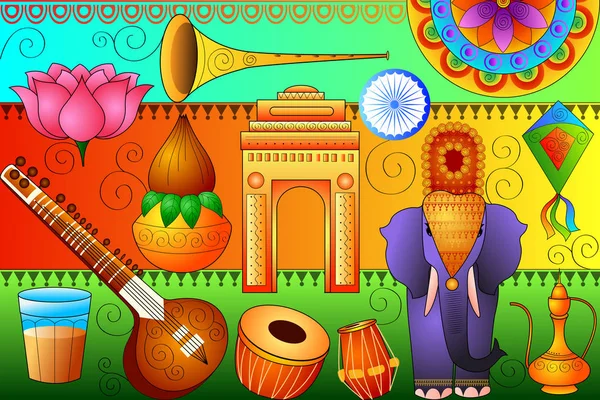 Índia fundo patriótico mostrando cultura e arte diversificada — Vetor de Stock