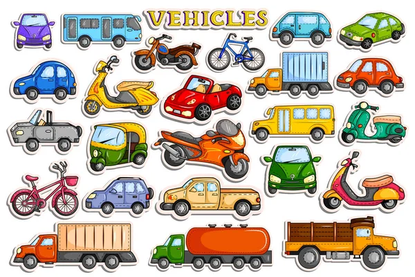 Diferentes meios de transporte de veículos em estilo adesivo — Vetor de Stock