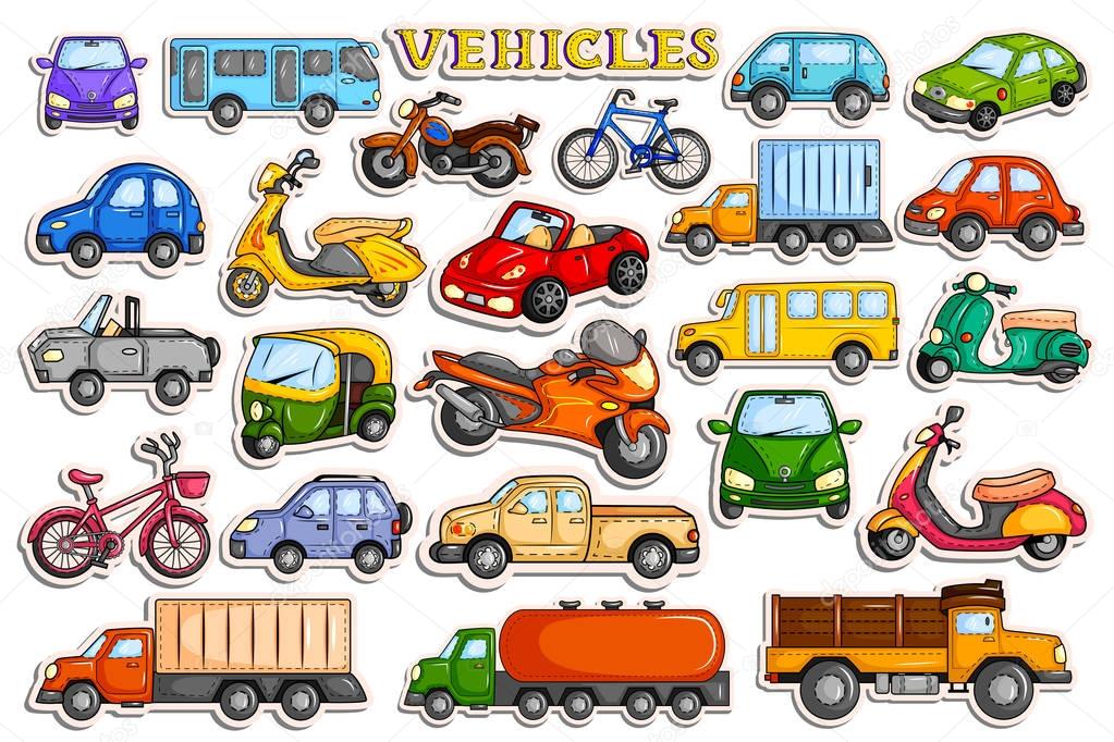 Different means of transportation vehicle in sticker style