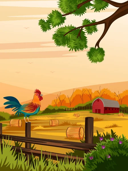 Rural farm landscape with cock — Stock Vector