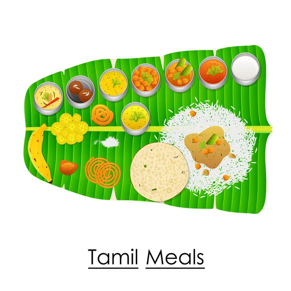 Köstliche tamilische Mahlzeit auf Bananenblatt — Stockvektor