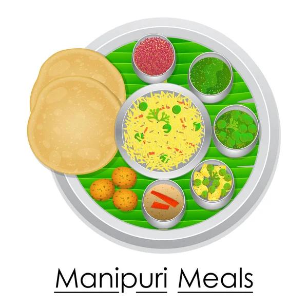 Piatto pieno di delizioso pasto Manipuri — Vettoriale Stock