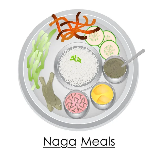 Placa llena de deliciosa comida Naga — Vector de stock