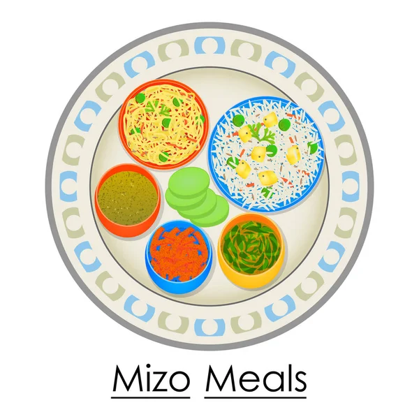 Assiette pleine de délicieux repas Mizo — Image vectorielle