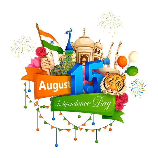 Berömda monument av Indien i indisk bakgrund för glad självständighetsdagen — Stock vektor