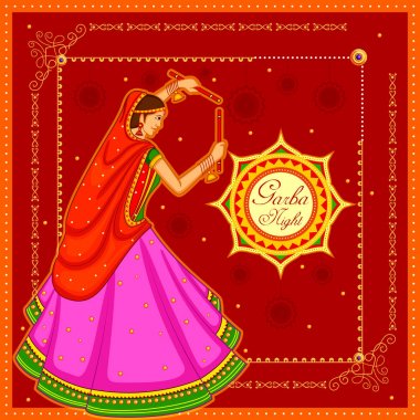 İnsanlar Dandiya Gecesi için poster pankartıyla Garba dansı yapıyorlar.