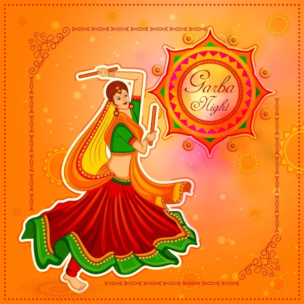 Personnes exécutant la danse Garba sur la conception de bannière d'affiche pour Dandiya Night — Image vectorielle