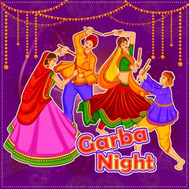 İnsanlar Dandiya Gecesi için poster pankartıyla Garba dansı yapıyorlar.