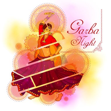 İnsanlar Dandiya Gecesi için poster pankartıyla Garba dansı yapıyorlar.